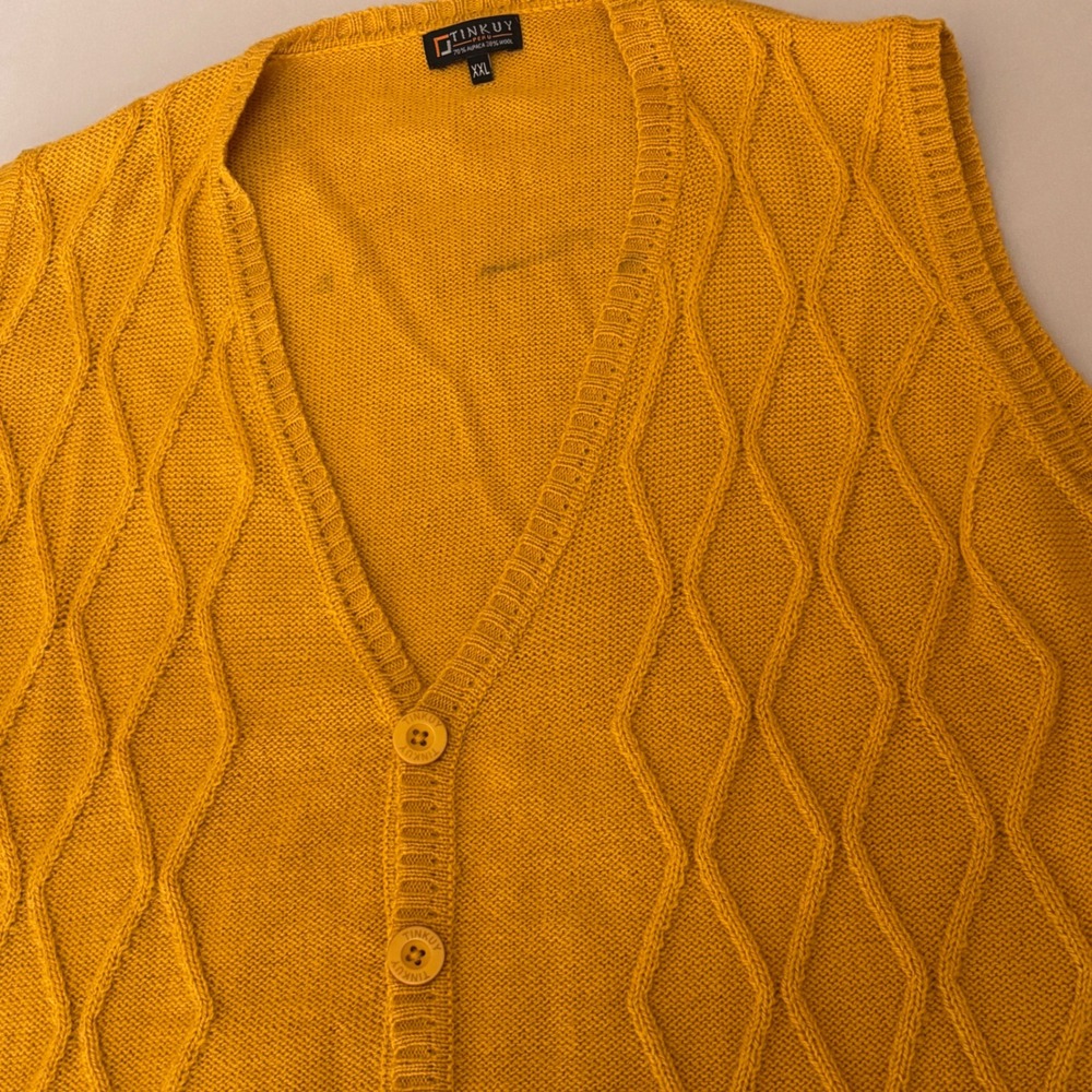 Tinkuy Peru Cardigan Vest Men XXL Yellow‎ Excellent Alpaca Wool Knit Diamond